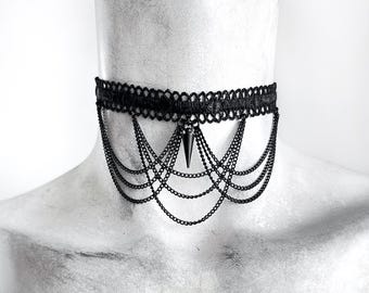 Barbed Chain Choker Necklace - Black Lace Scallop Chain Goth Jewelry Collar