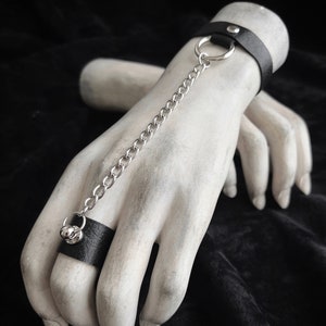 Black Cuff Bracelet With Silver Chain And Ring Cuff - 1/2&quot; Wide Vegan Leather Band - Silver O-Ring Chain Bracelet  - Black Goth Finger Cuffs