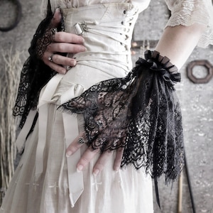 Sashay Lace Wrist Cuffs - Black Ruffle Lace Gothic Victorian Mourning Cuffs - Long Ruffled Lace Gothic Bracelet Wrist Cuffs - Goth Wedding image 1
