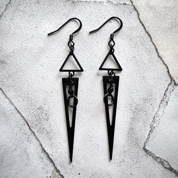 Remnant - Modernist Goth Black Long Drop Earring Set - Slim Geometric Triangle Spike Dangle Earrings - Black Gothic Jewelry - Dark Fashion