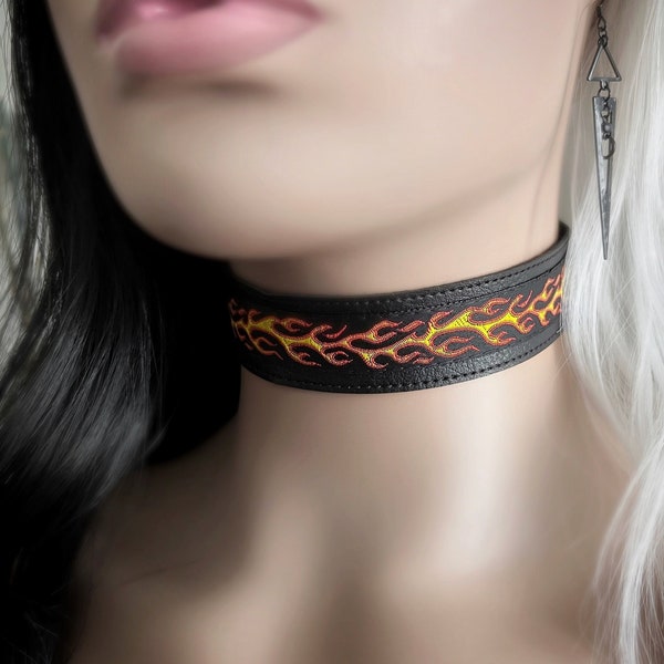 Orange Racing Flames Wide Black Choker - Red Hot Biker Collar - Goth Faux Vegan Leather Necklace - Fire Inferno Punk Rock Unisex Jewelry