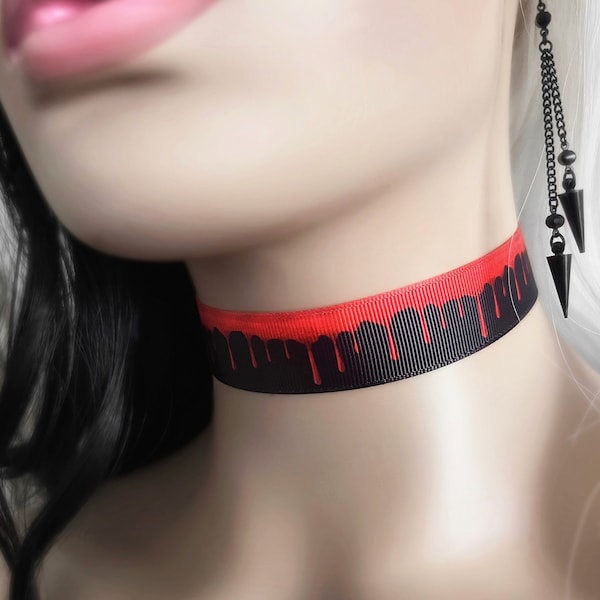 Vampire Red Blood Drop Choker - Wide Black & Red Vampire Necklace - Romantic Goth Halloween Dracula Bloody Drip Collar - Plus Size Available