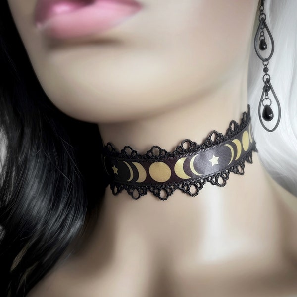 Gold Moon Phase Black Lace Choker - Lunar Cycle Necklace - Wide Satin Ribbon Collar - Wiccan Jewelry - Black Gothic Choker Triple Moon