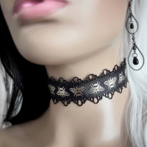 Gold Honey Bee Black Lace Choker - Golden Foil Bug Necklace - Wide Grosgrain Ribbon Collar - Goth Scallop Lace Jewelry - Black Gothic Choker