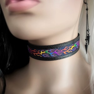 Rainbow Flame Gay Pride Month Choker - Wide Black LGBTQ Collar - Queer Goth Faux Vegan Leather Necklace - Inferno Punk Rock Unisex Jewelry
