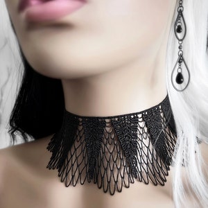 Long Black Lace Victorian Choker Collar - Extra Wide Gothic Lace Floral Necklace - Goth Wedding Jewelry - Mesh Loop Lace Mourning Collar