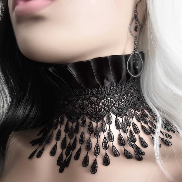 Crestfallen Long Lace Choker Collar - Black Venetian Tear Drop Lace Gothic Victorian Mourning Necklace - Black Goth Lace Necklace Jewelry