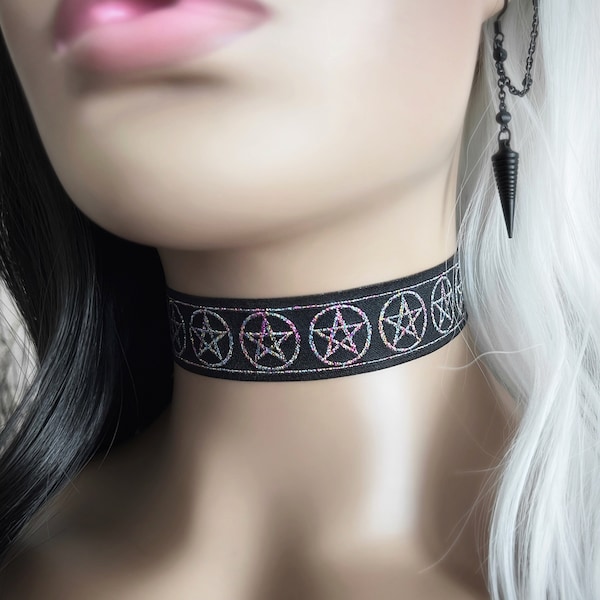 Metallic Rainbow Pentagram Choker - Wide Glittery Gay Pride Black Pentacle Choker Necklace - Goth LGBTQ Witch Collar - Plus Size Available