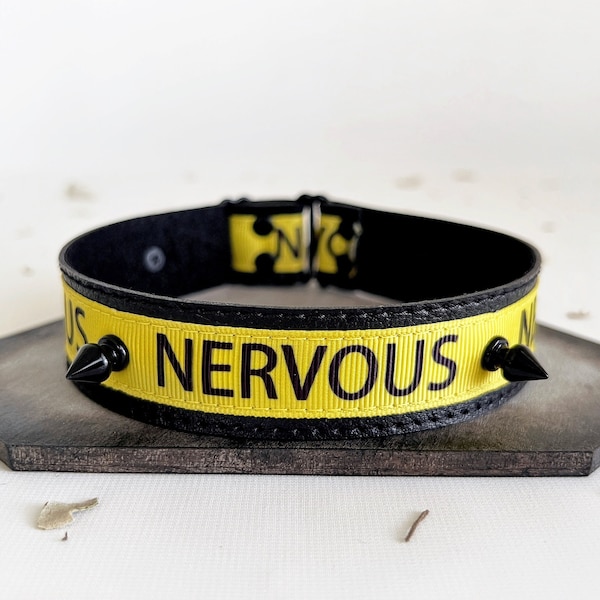 NERVOUS - Spike Choker Necklace - Yellow Antisocial Anxiety Wide Black Collar - Mental Health Awareness Punk Goth Vegan Leather Choker