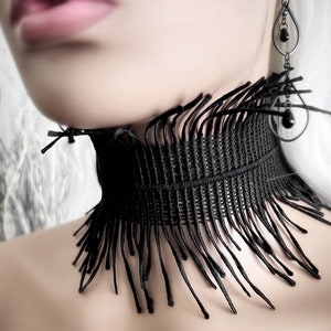 Avant Garde Extra Wide Black Lace Collar - Feather Fringe Gothic Choker - Victorian Mourning Necklace - Brutalist Goth Dark Wedding Jewelry