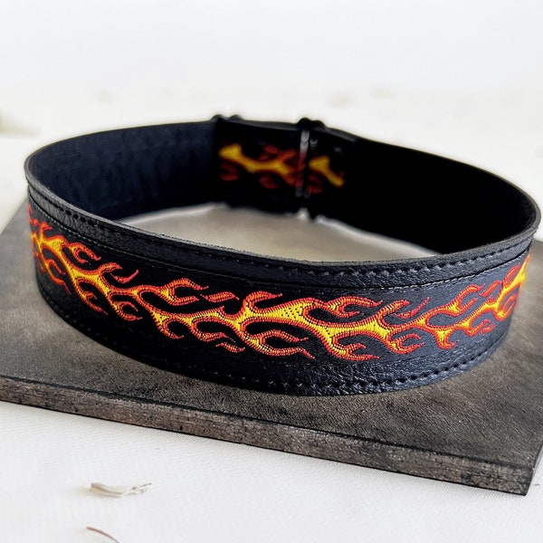 Red Hot Flame Black Choker - Fire Witch Collar - Goth Faux Vegan Wide Leather Necklace - Orange Yellow Inferno Punk Rock Unisex Jewelry