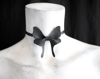 Petite Luna Moth Necklace - Small Black Moth Choker Collar - Unisex Faux Vegan Leather Moth Bowtie - Black Goth Choker Necklace Jewelry