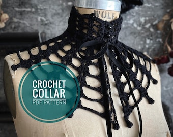 Requiem Crochet Collar Pattern - Black Spiderweb Lace Gothic Victorian Mourning Detached Collar - PDF Digital Download - Black Goth Crochet