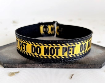 DO NOT PET - Yellow Caution Tape Antisocial Choker Collar - Hands Off Feminist Black Goth Faux Vegan Leather Necklace - Punk Unisex Jewelry