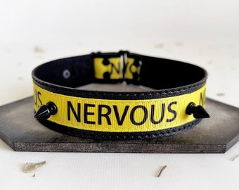 NERVOUS - Spike Choker Necklace - Yellow Antisocial Anxiety Wide Black Collar - Mental Health Awareness Punk Goth Vegan Leather Choker