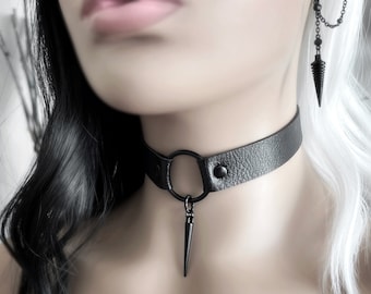 3/4" Wide Black Spike Choker With Black O-Ring - Vegan Leather Collar Necklace - Unisex Punk Choker Collar - Goth Faux Leather Day Collar