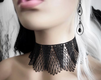 Long Black Lace Victorian Choker Collar - Extra Wide Gothic Lace Floral Necklace - Goth Wedding Jewelry - Mesh Loop Lace Mourning Collar