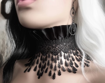 Crestfallen Long Lace Choker Collar - Black Venetian Tear Drop Lace Gothic Victorian Mourning Necklace - Black Goth Lace Necklace Jewelry
