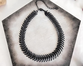 Blackened Vertebrae - Matte Black Fishbone Chain Necklace - Modernist Brutalist Spine Bone Chunky Choker Collar - Goth Punk Jewelry Gift