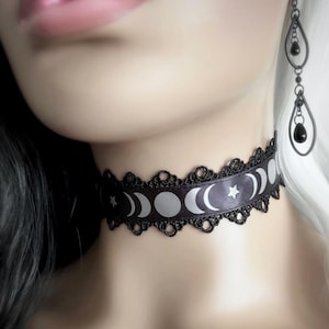 Silver Moon Phase Black Lace Choker - Lunar Cycle Necklace - Wide Satin Ribbon Collar - Wiccan Jewelry - Black Gothic Choker Triple Moon