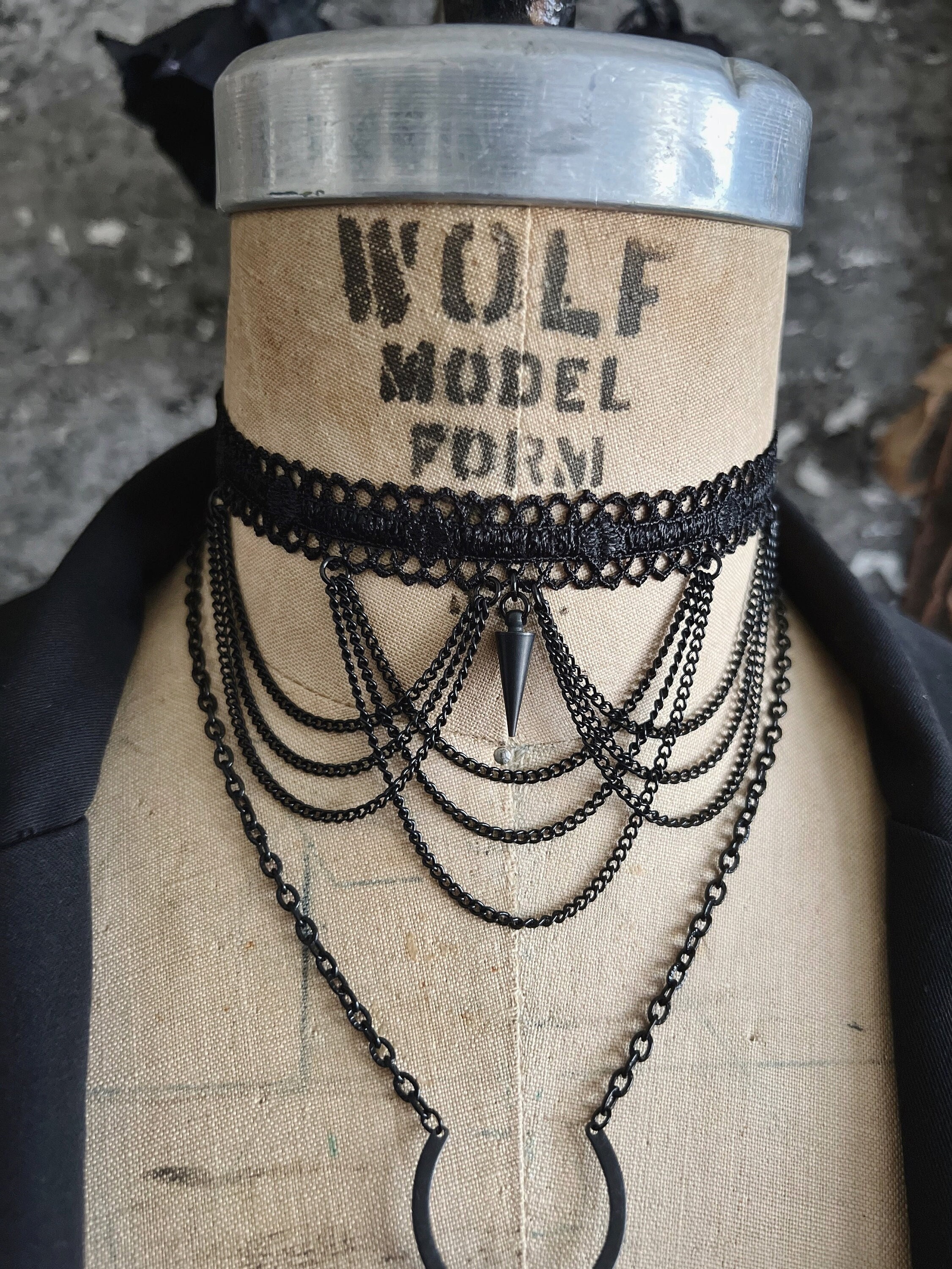 Barbed Chain Choker Necklace - Black Lace Scallop Chain Goth 