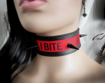 I BITE - Vegan Leather Spike Red Choker Collar - Black Extra Wide Punk Antisocial Choker - Unisex Goth Vampire Chunky Spike Collar Necklace