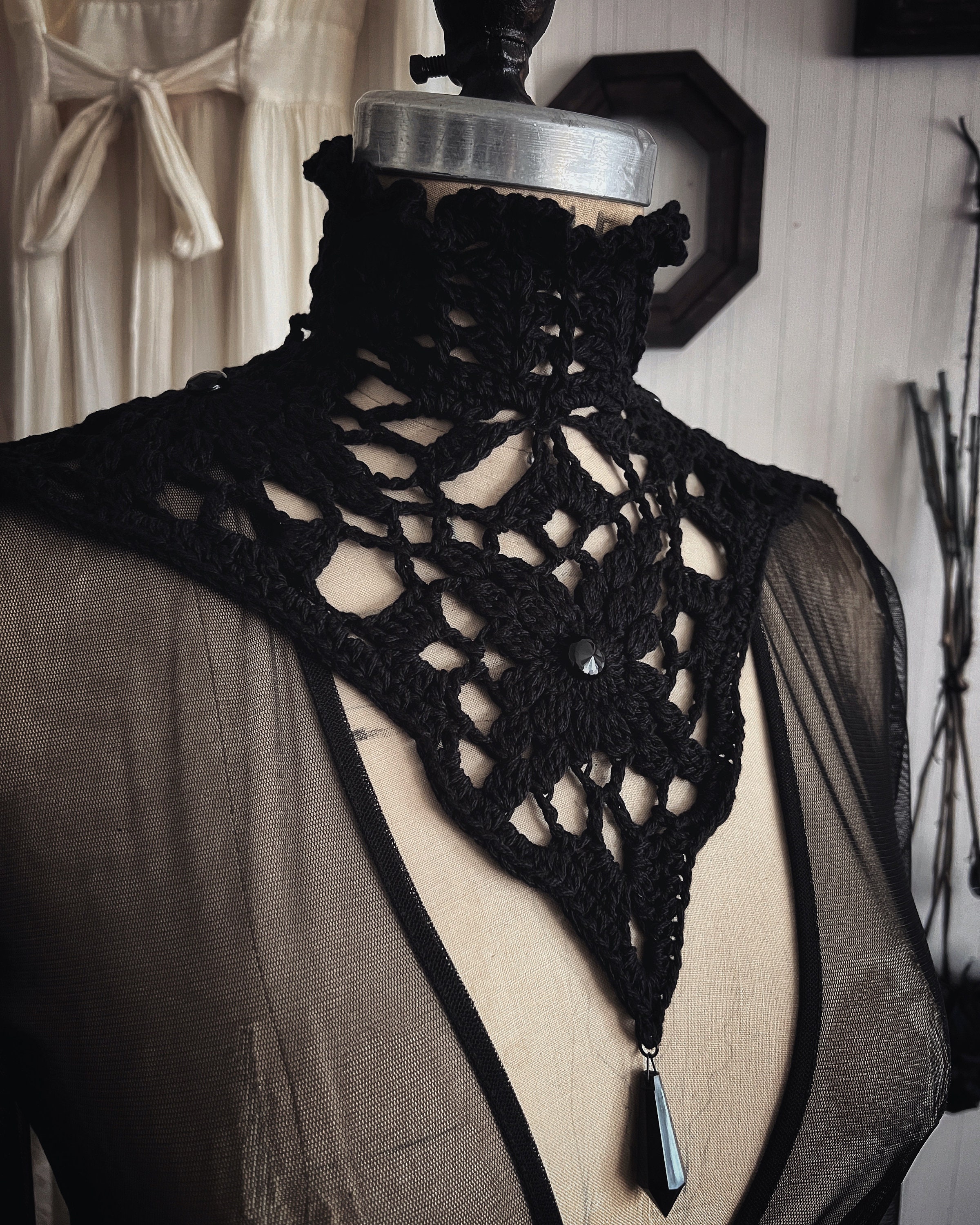 Nyx Black Beaded Crochet Collar - Gothic Victorian Mourning Choker ...