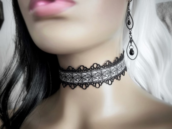 Wicked Web Black Lace Choker - Wide Spiderweb Ribbon