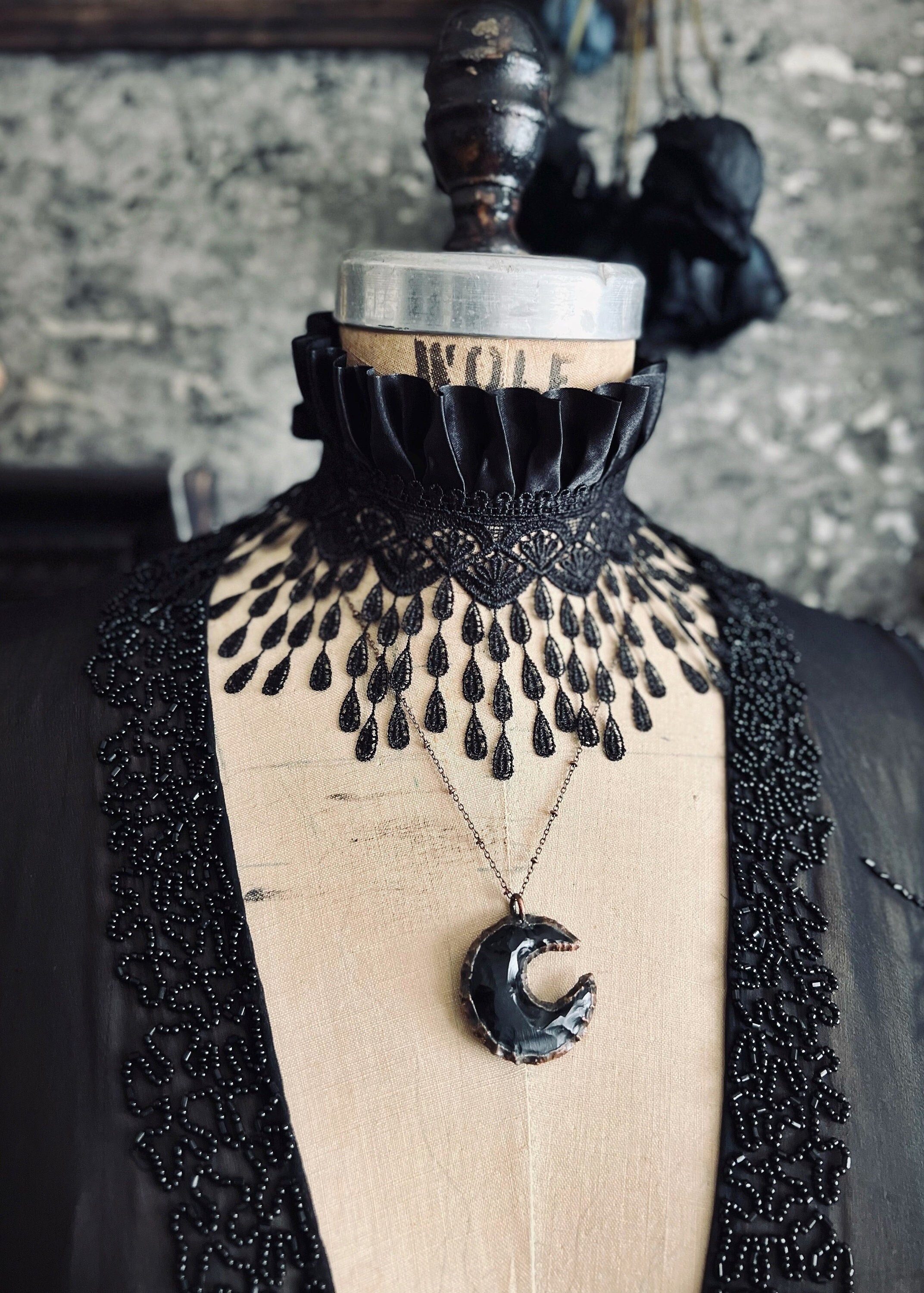 Crestfallen Wide Black Lace Choker - Long Teardrop Fringe Victorian Mourning Collar - Romantic Gothic Wedding Necklace - Plus Size Options