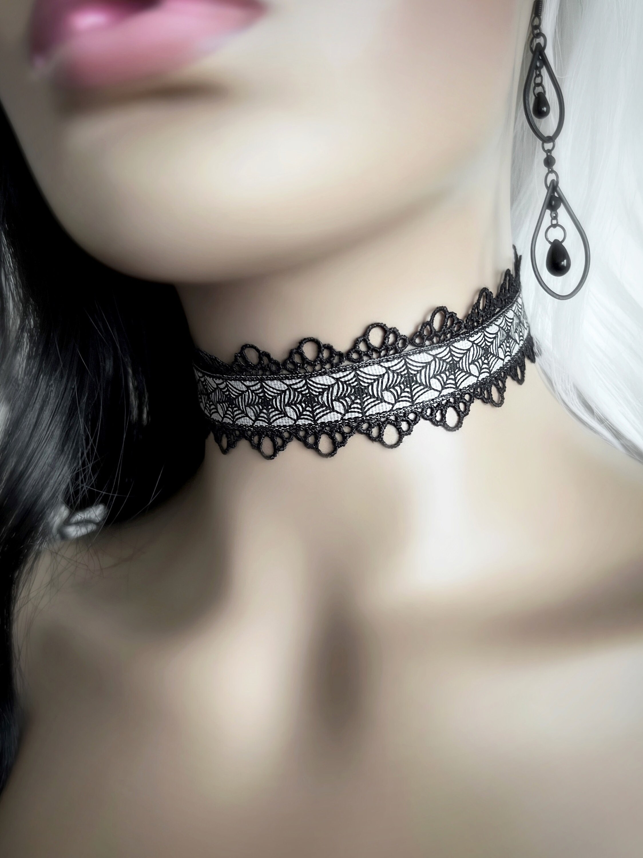 Black Fishnet Lace Ribbon Choker Necklace - Wide Gothic Victorian Mesh Collar