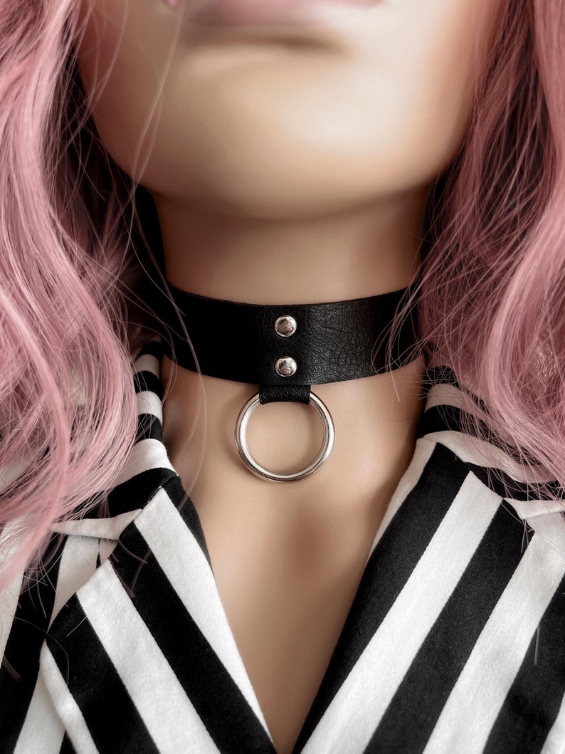 1" Wide Black Choker With Silver O-ring - Vegan Leather Collar Necklace ...