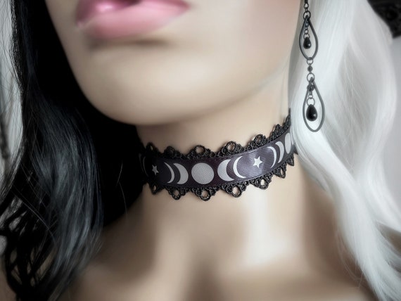 Silver Moon Phase Black Lace Choker Lunar Cycle Necklace Wide