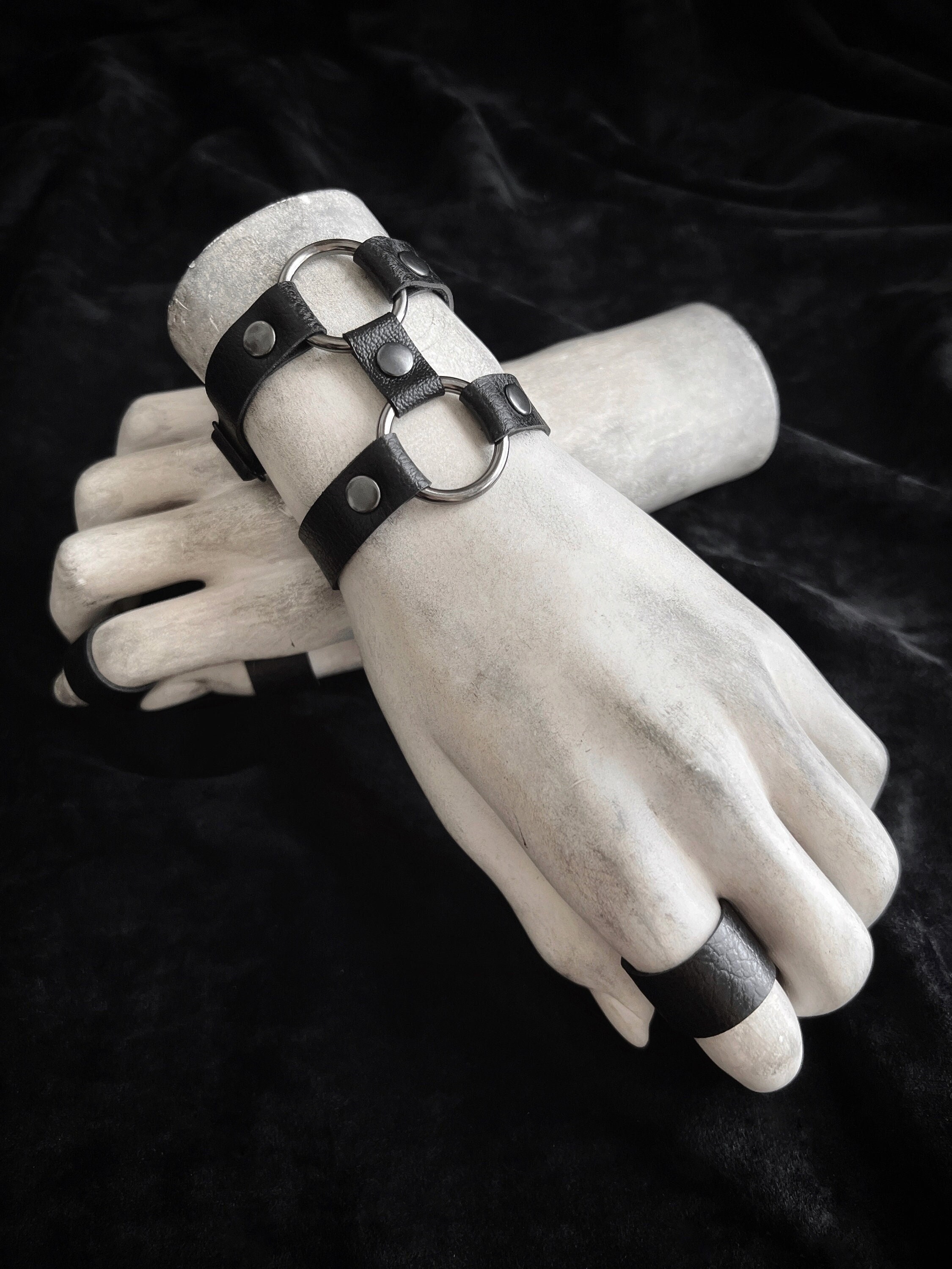 1/2" Wide Two Strap Black Vegan Leather Cuffs With Gunmetal O-Rings - Faux Leather Bracelets - Unisex Goth Faux Leather Black Arm Cuff Band