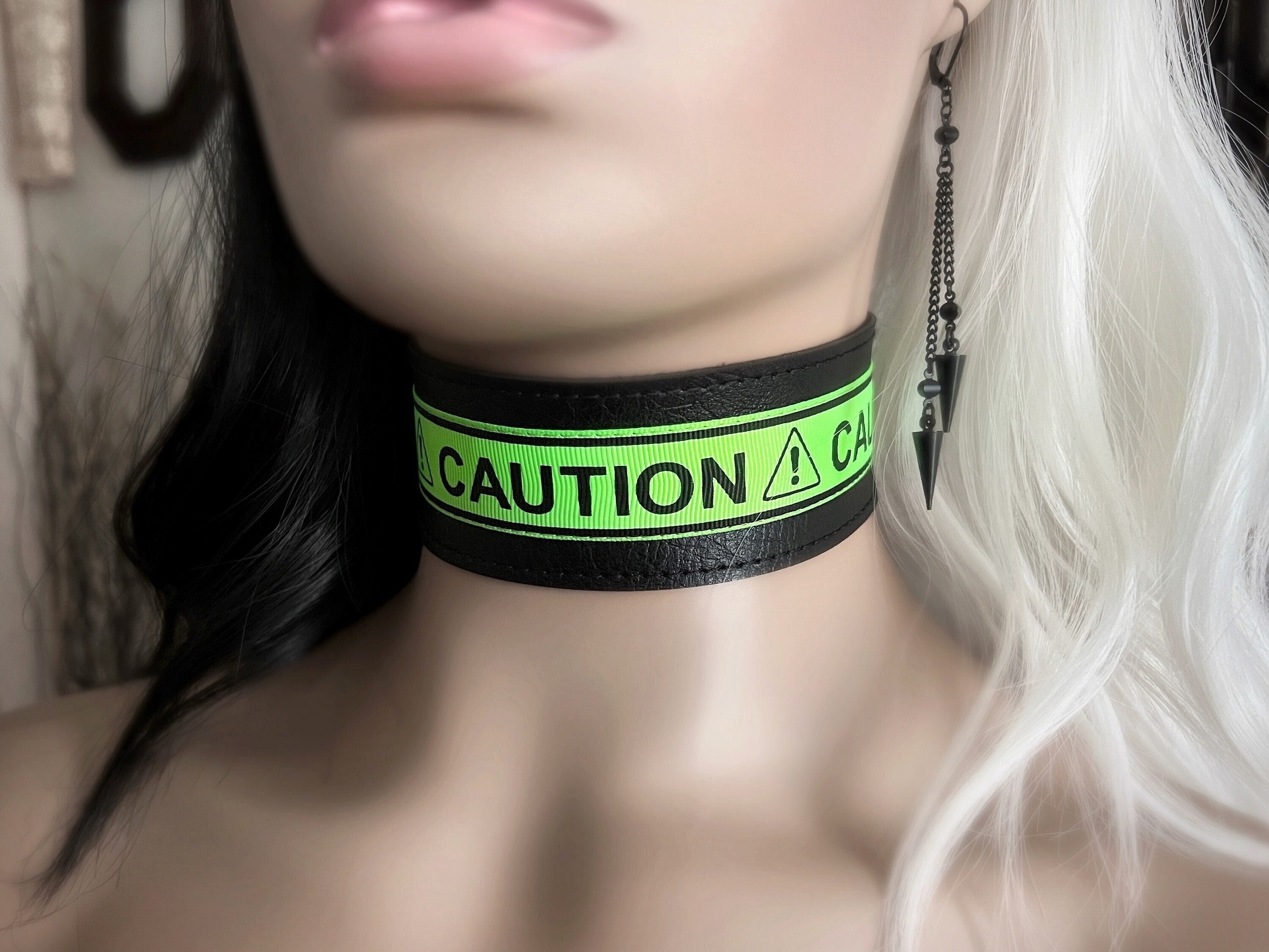 CAUTION Extra Wide Neon Green Choker Mental Health Anxiety Collar