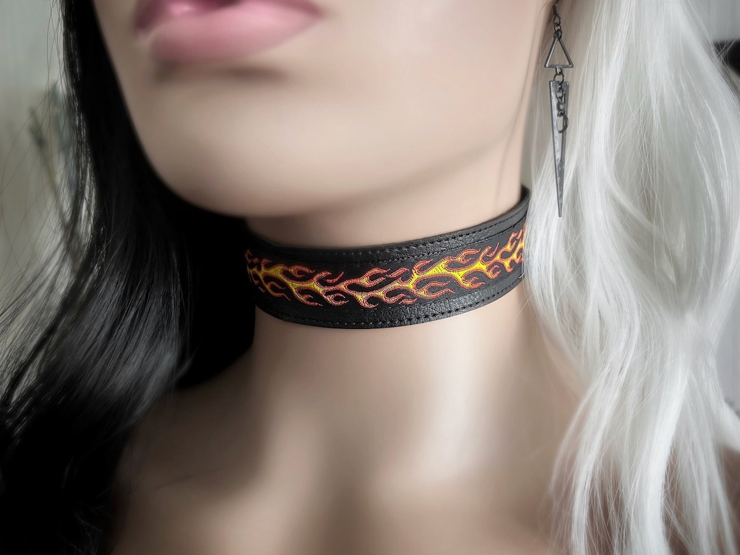 Orange Racing Flames Wide Black Choker - Red Hot Biker Collar