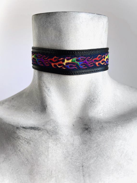 LGBTQ Rainbow Flame Wide Black Choker - Gay Pride Month Collar - Queer Goth Faux Vegan Leather Necklace - Goth Inferno Punk Unisex Jewelry