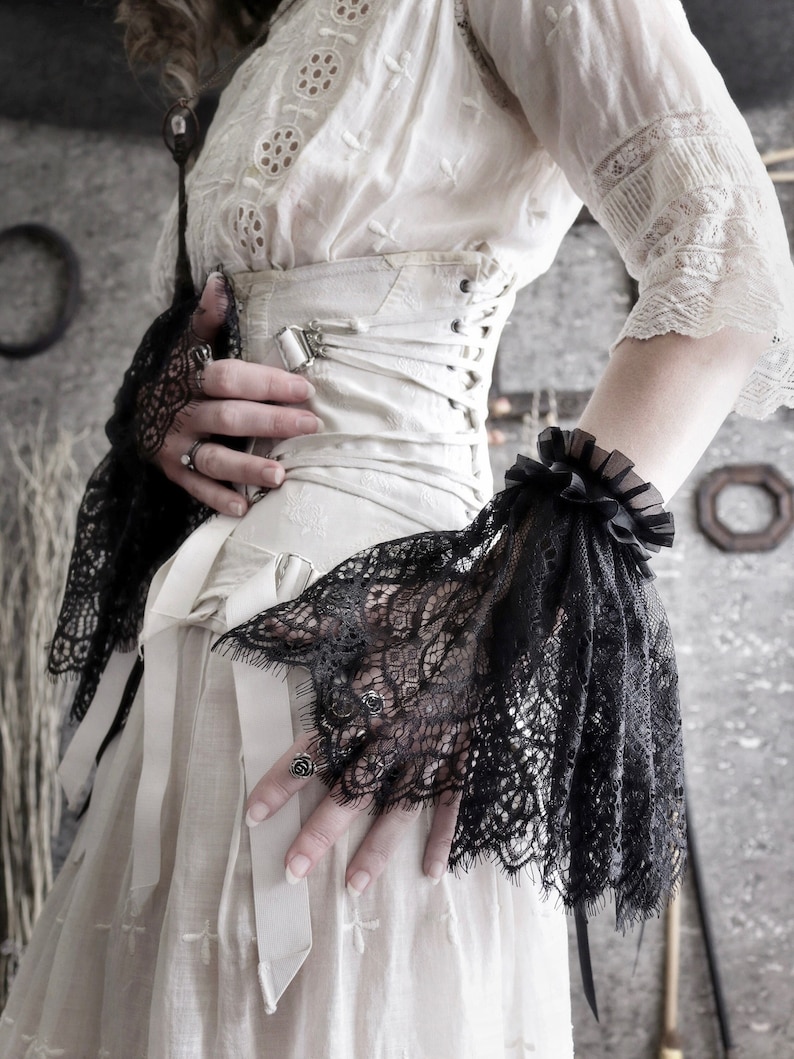 Sashay Lace Wrist Cuffs - Black Ruffle Lace Gothic Victorian Mourning Cuffs - Long Ruffled Lace Gothic Bracelet Wrist Cuffs - Goth Wedding image 1