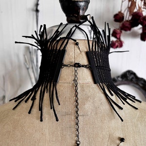 A wide black lace victorian choker necklace sits high on the neck. It has long feathered fringe emerging from both the top and bottom edges, framing the collarbones and face. The style can be described as avant garde and brutalist, or even costume.