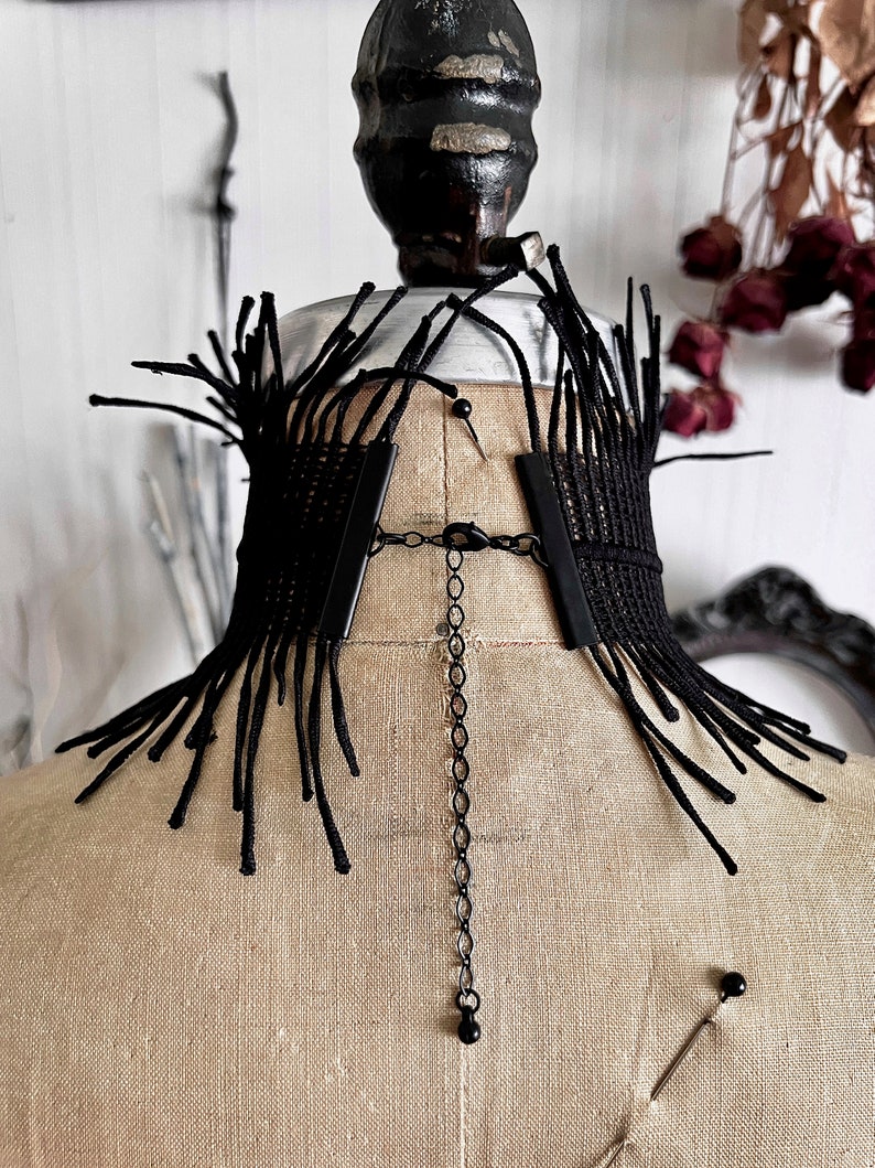A wide black lace victorian choker necklace sits high on the neck. It has long feathered fringe emerging from both the top and bottom edges, framing the collarbones and face. The style can be described as avant garde and brutalist, or even costume.