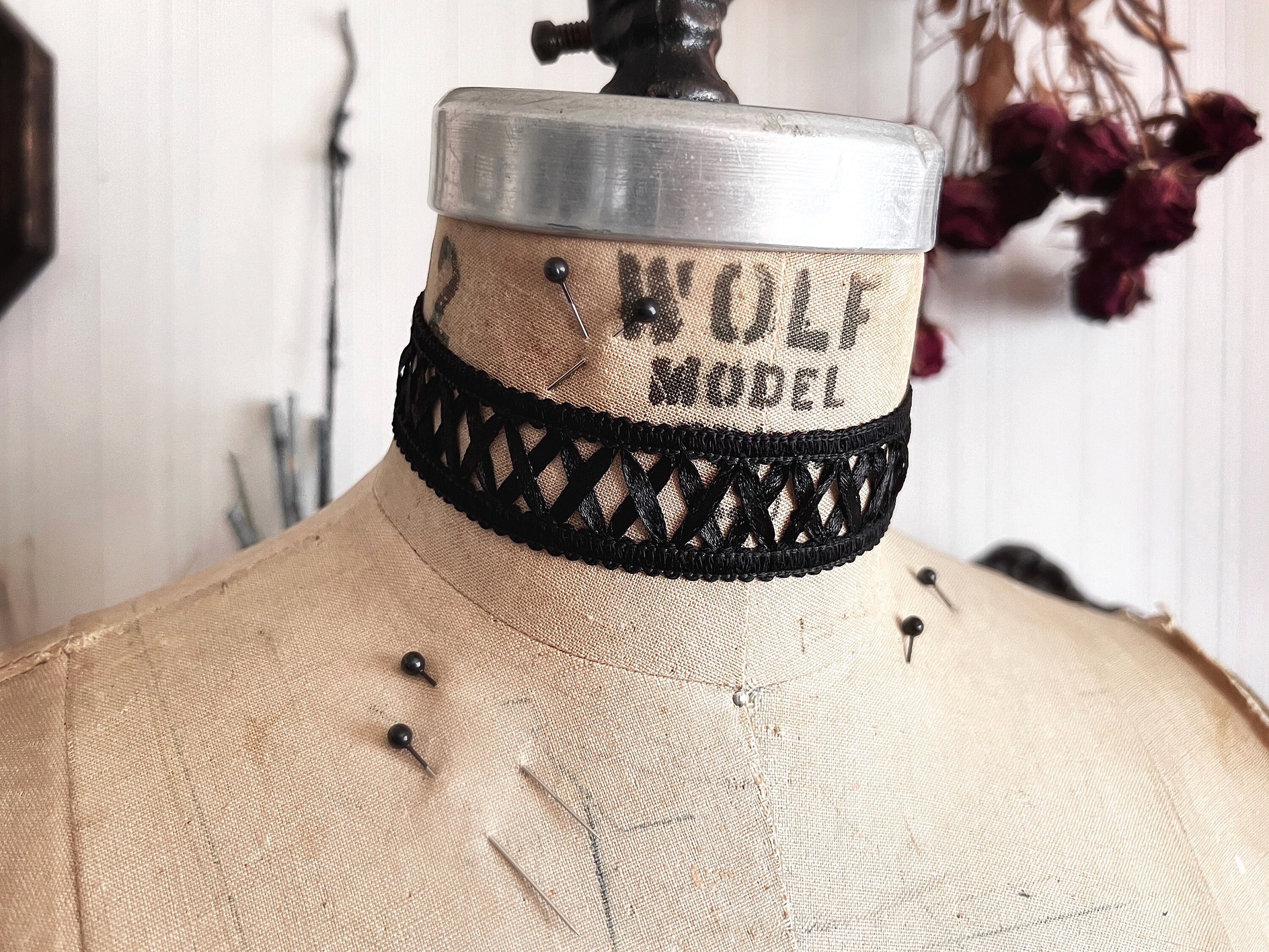 Wide Black Satin Crossed X Lace Ribbon Choker Necklace - Gothic ...