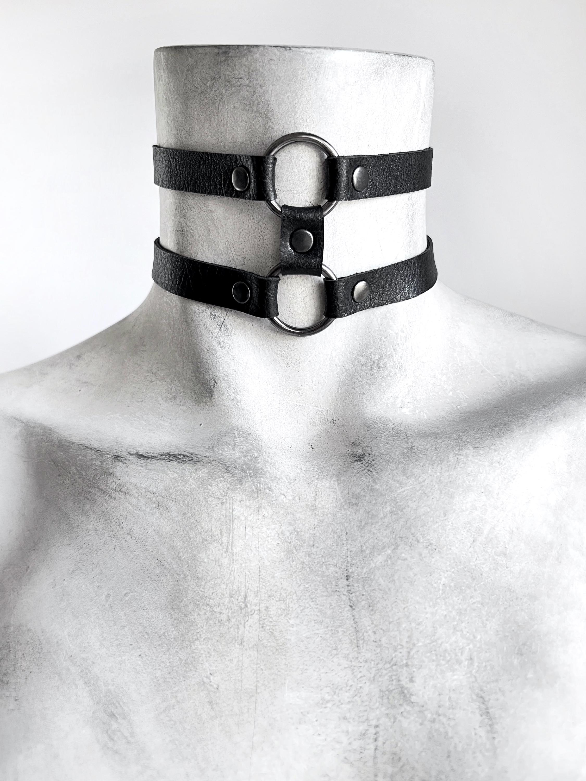 Two Band Black Vegan Leather Choker With Gunmetal O-rings - Faux
