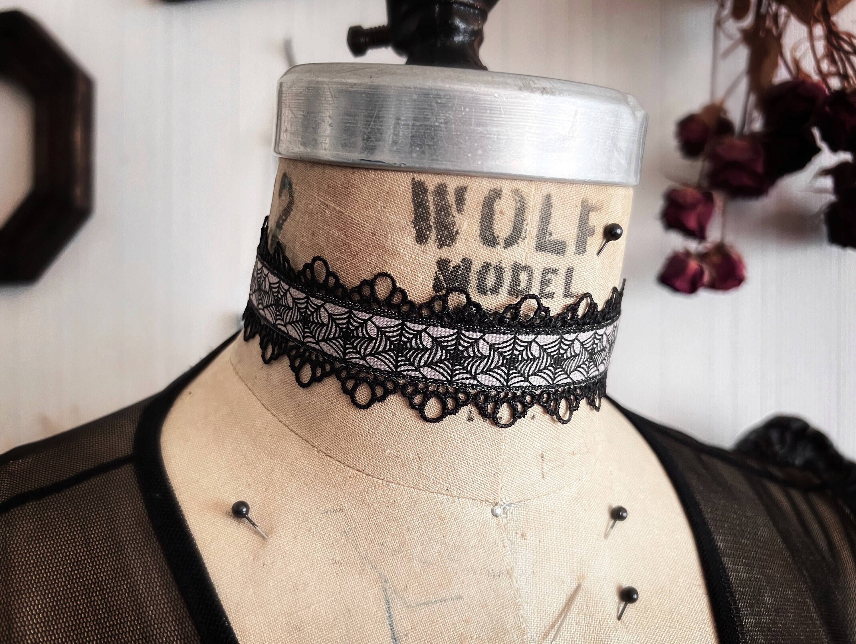 Wicked Web Black Lace Choker - Wide Spiderweb Ribbon
