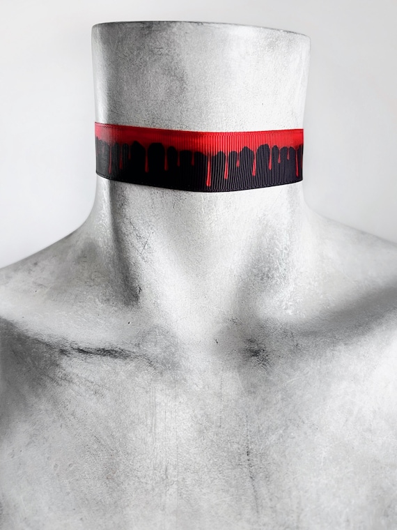Vampire Red Blood Drop Choker - Wide Black & Red Vampire Necklace - Romantic Goth Halloween Dracula Bloody Drip Collar - Plus Size Available
