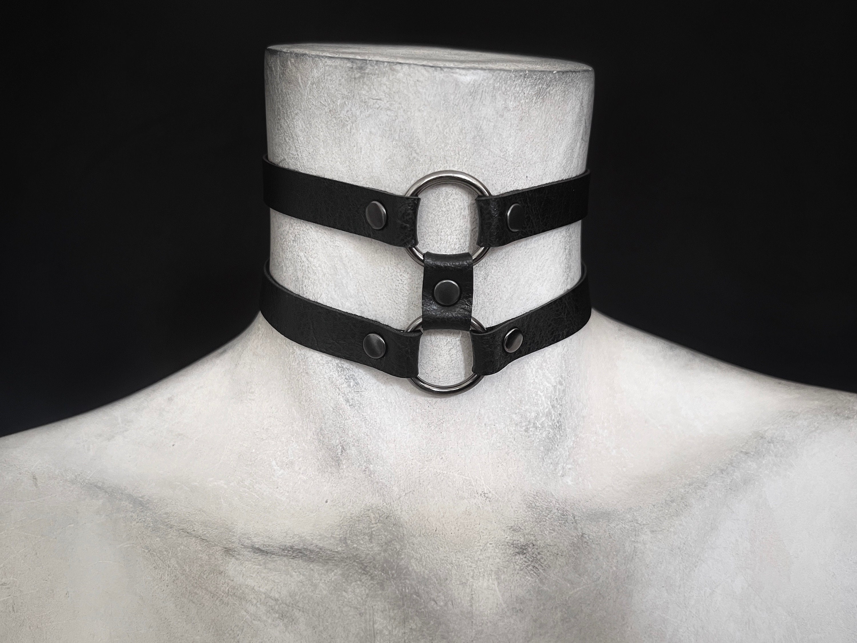 Two Band Black Vegan Leather Choker With Gunmetal O-rings