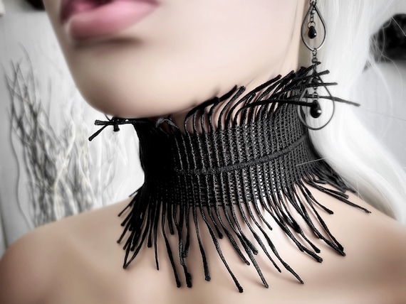 Avant Garde Extra Wide Black Lace Collar - Feather Fringe Gothic Choker - Victorian Mourning Necklace - Brutalist Goth Dark Wedding Jewelry