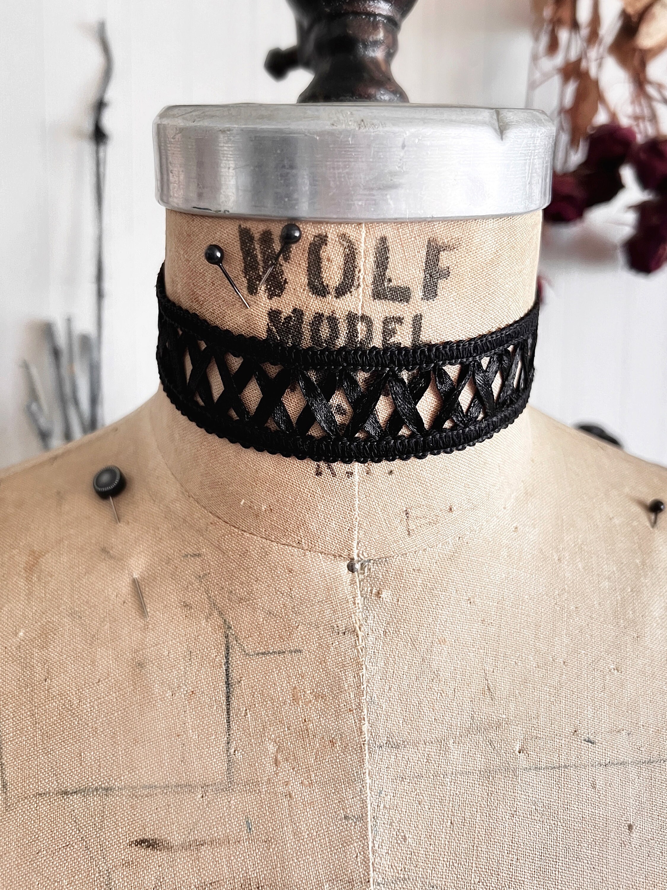 Wide Black Satin Crossed X Lace Ribbon Choker Necklace