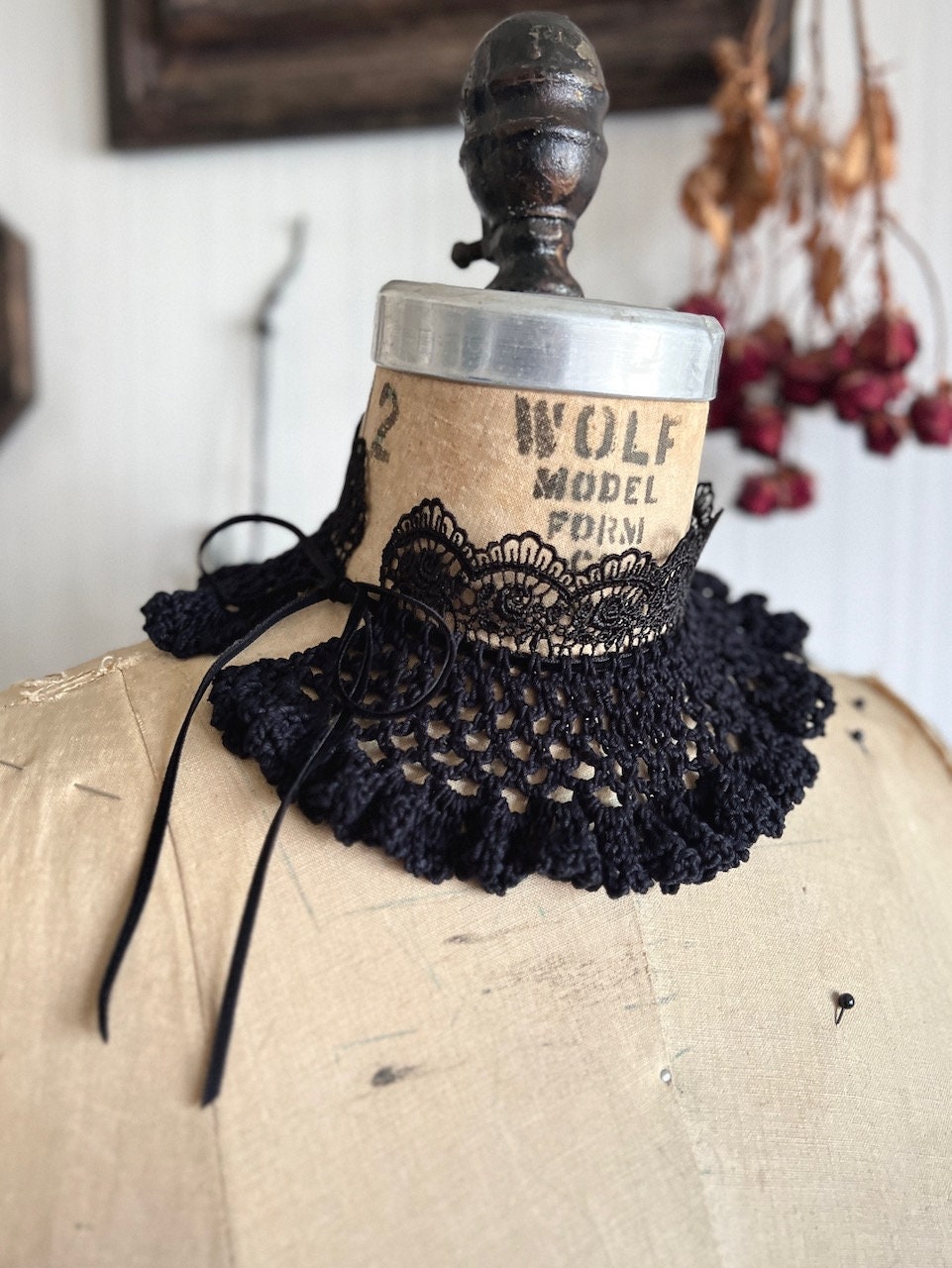 Intertwined Lace Crochet Collar - Black Ruffle Victorian Mourning Intertwined Lace Crochet Collar - Black Ruffle Victorian Mourning