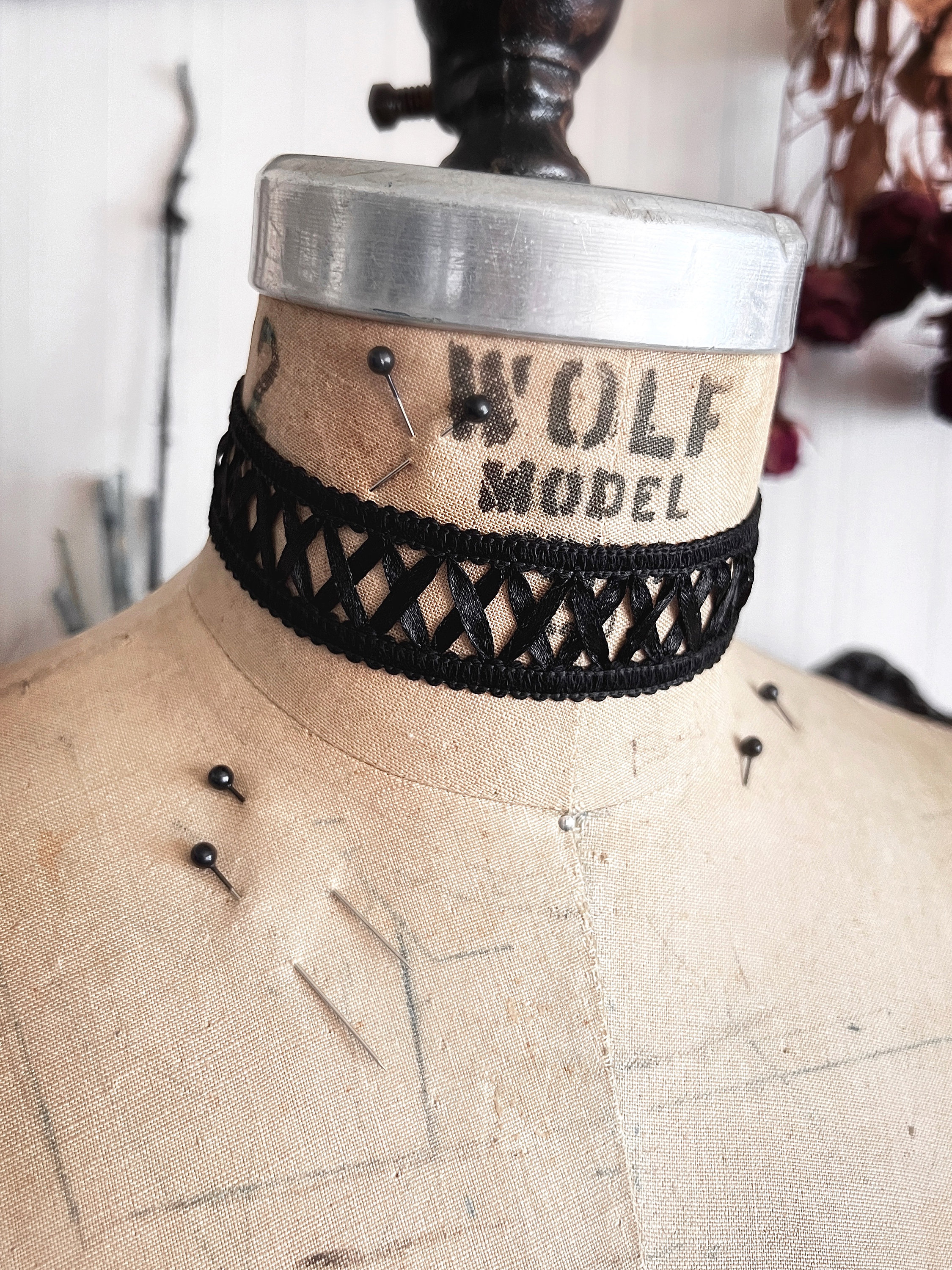 Wide Black Satin Crossed X Lace Ribbon Choker Necklace - Gothic ...