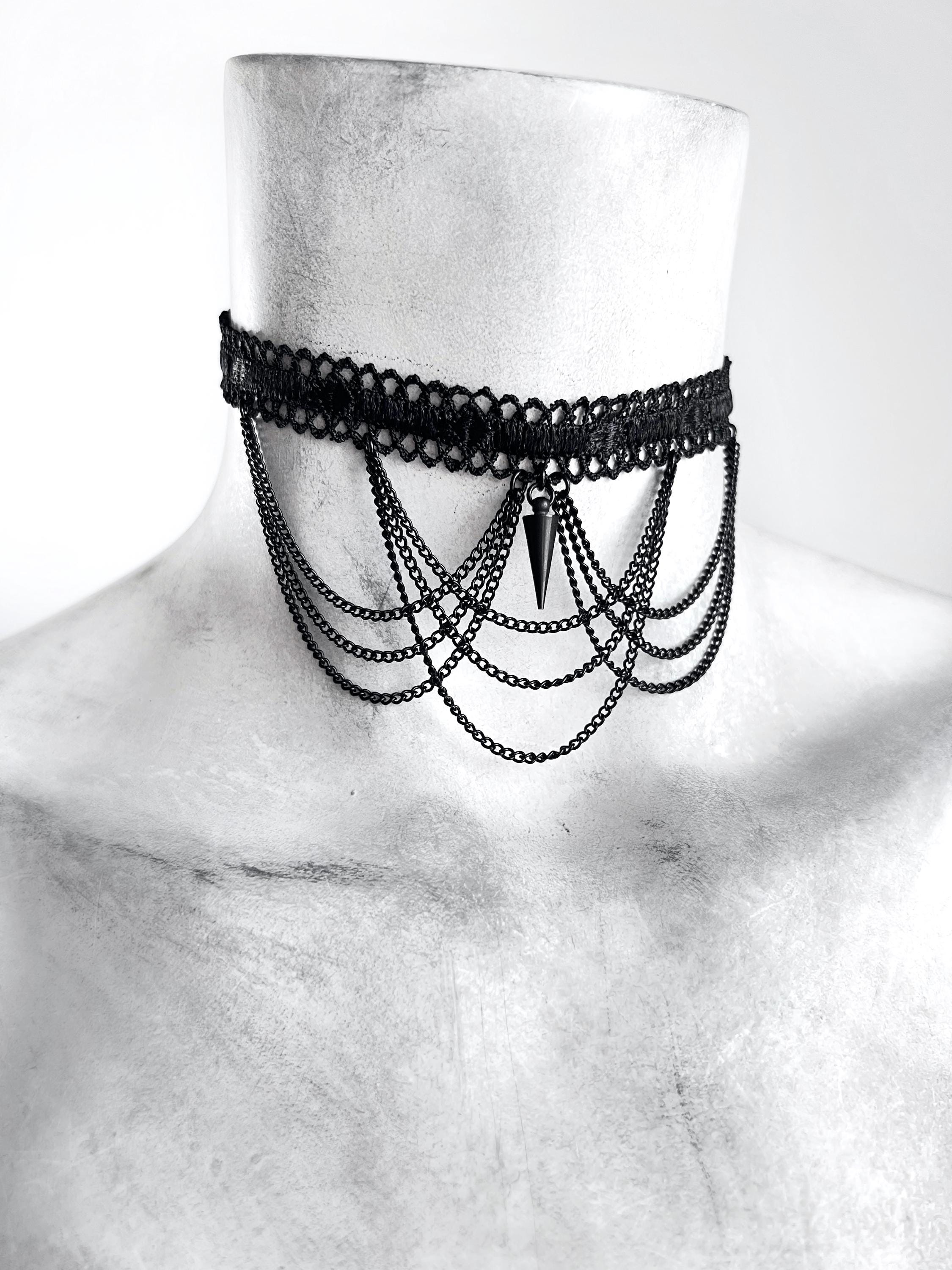 Barbed Chain Choker Necklace - Black Lace Scallop Chain Goth