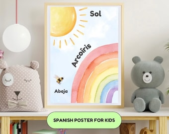 SPANISH rainbow poster, kids decor, wall art, bilingual, early learning, kids art, printable art, printable poster